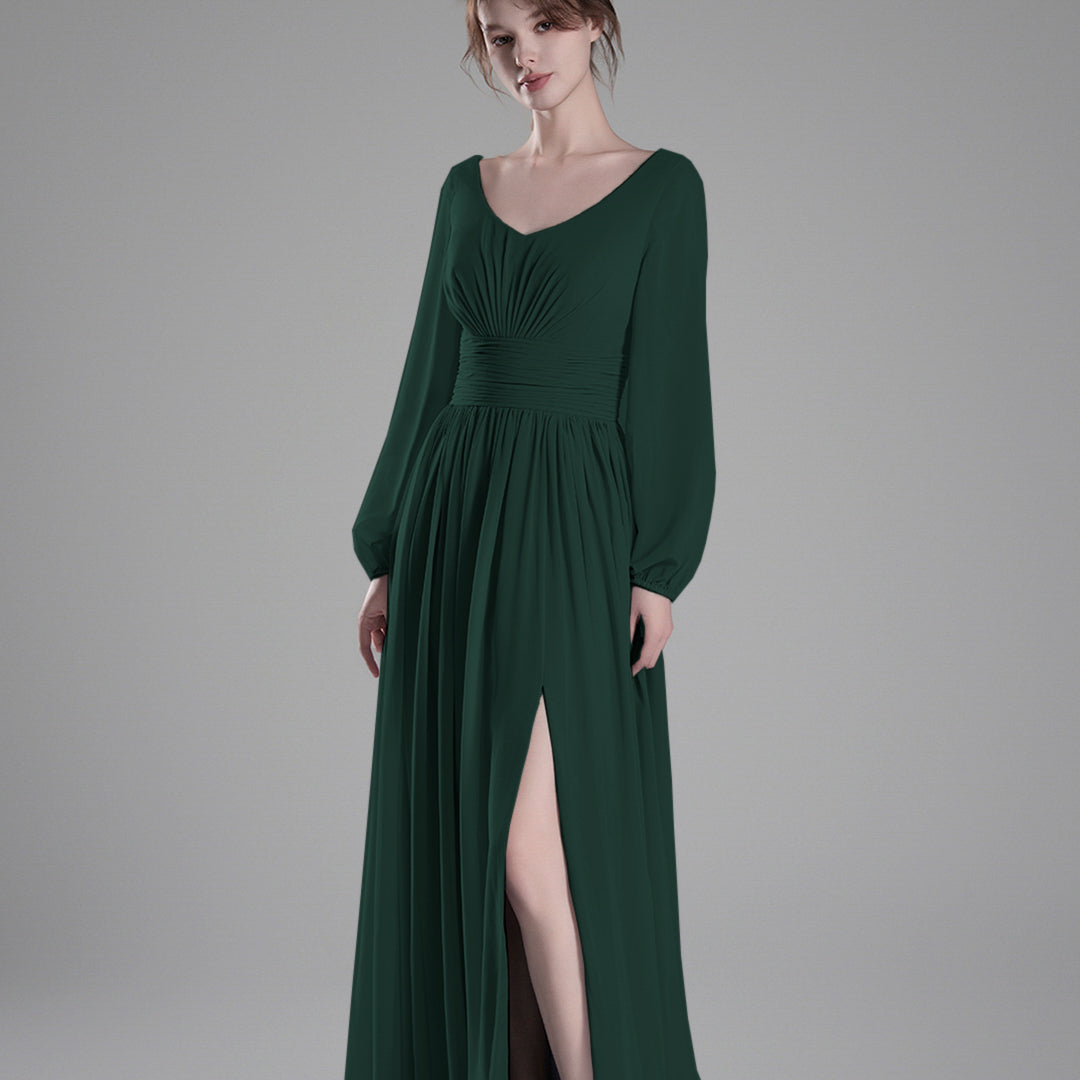 Long Sheer Sleeves V-Back Pleated Slit Dresses
