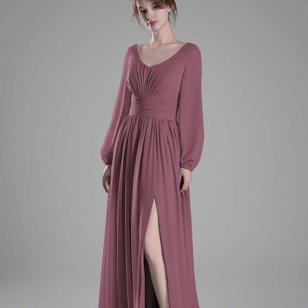 Long Sheer Sleeves V-Back Pleated Slit Dresses
