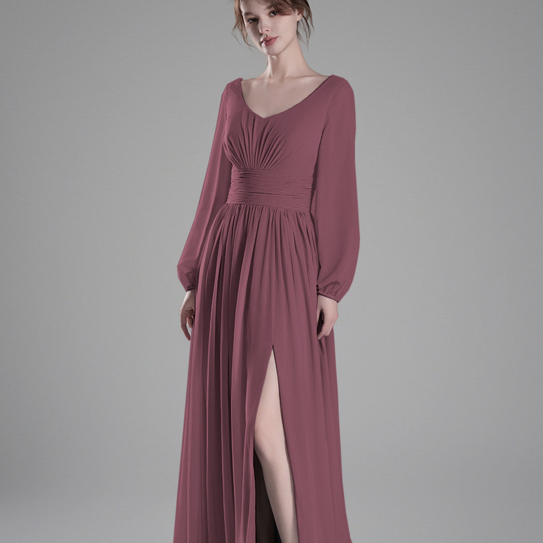 Long Sheer Sleeves V-Back Pleated Slit Dresses