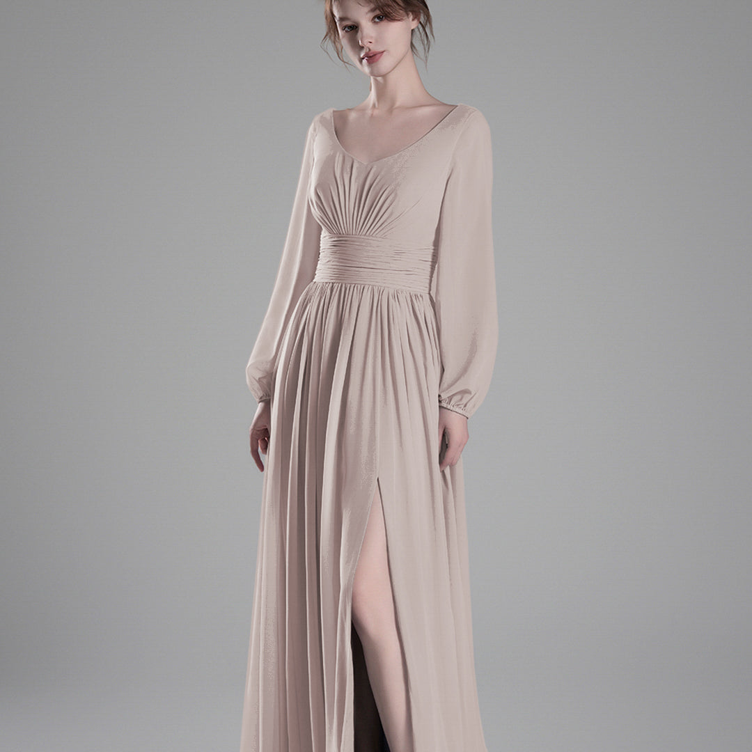 Long Sheer Sleeves V-Back Pleated Slit Dresses
