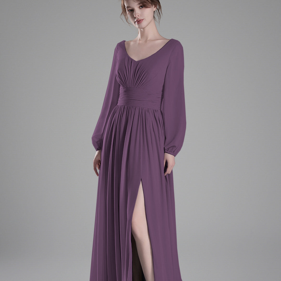 Long Sheer Sleeves V-Back Pleated Slit Dresses