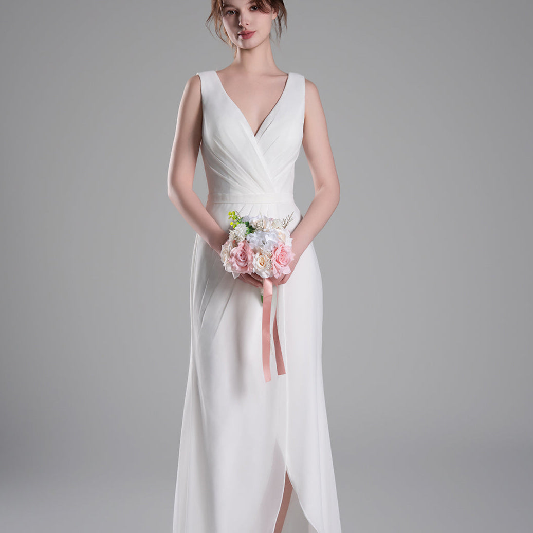 V-Neck Crossover Bodice Pleated Front Slit Dresses