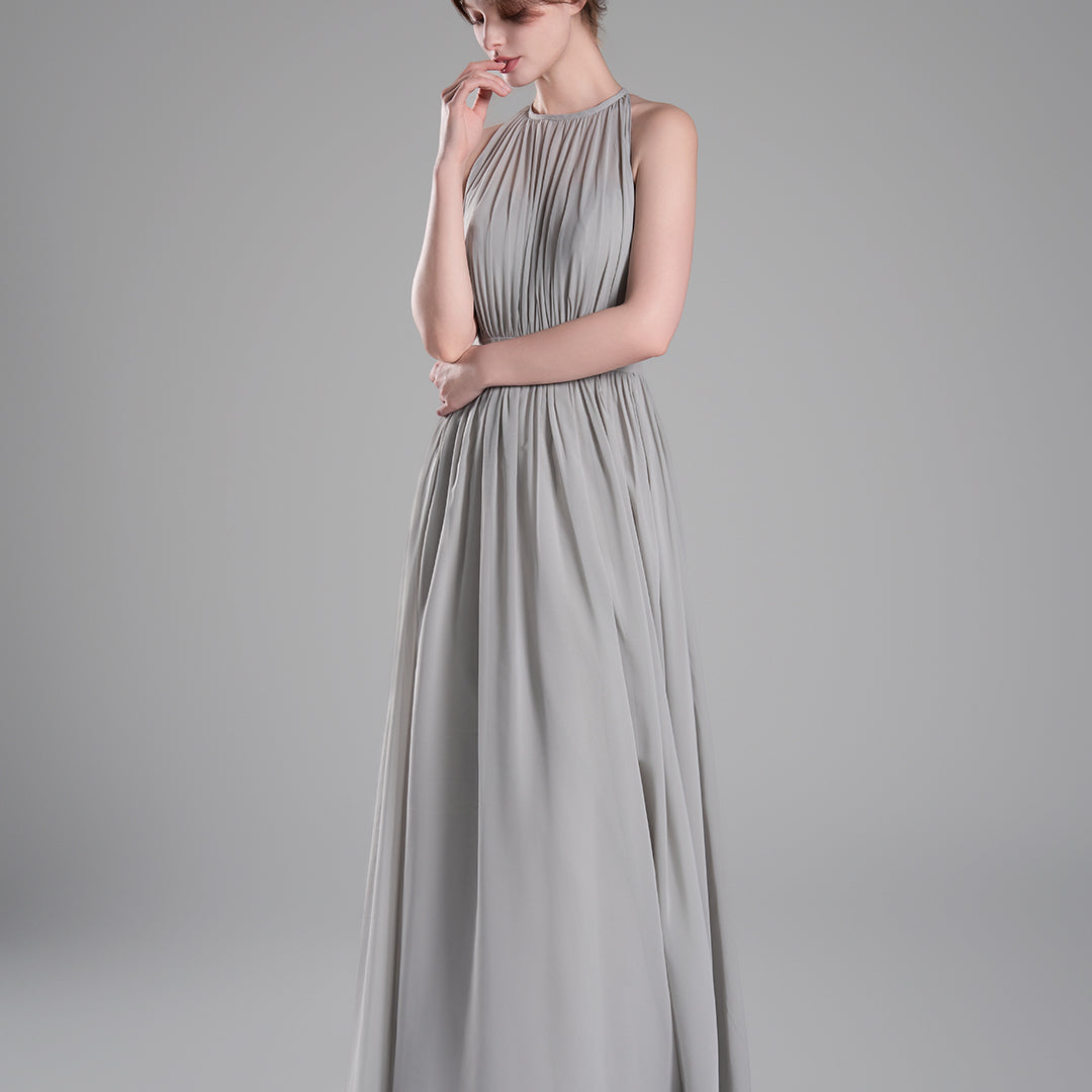 Halter Neckline Pleated Cinched Waist Dresses