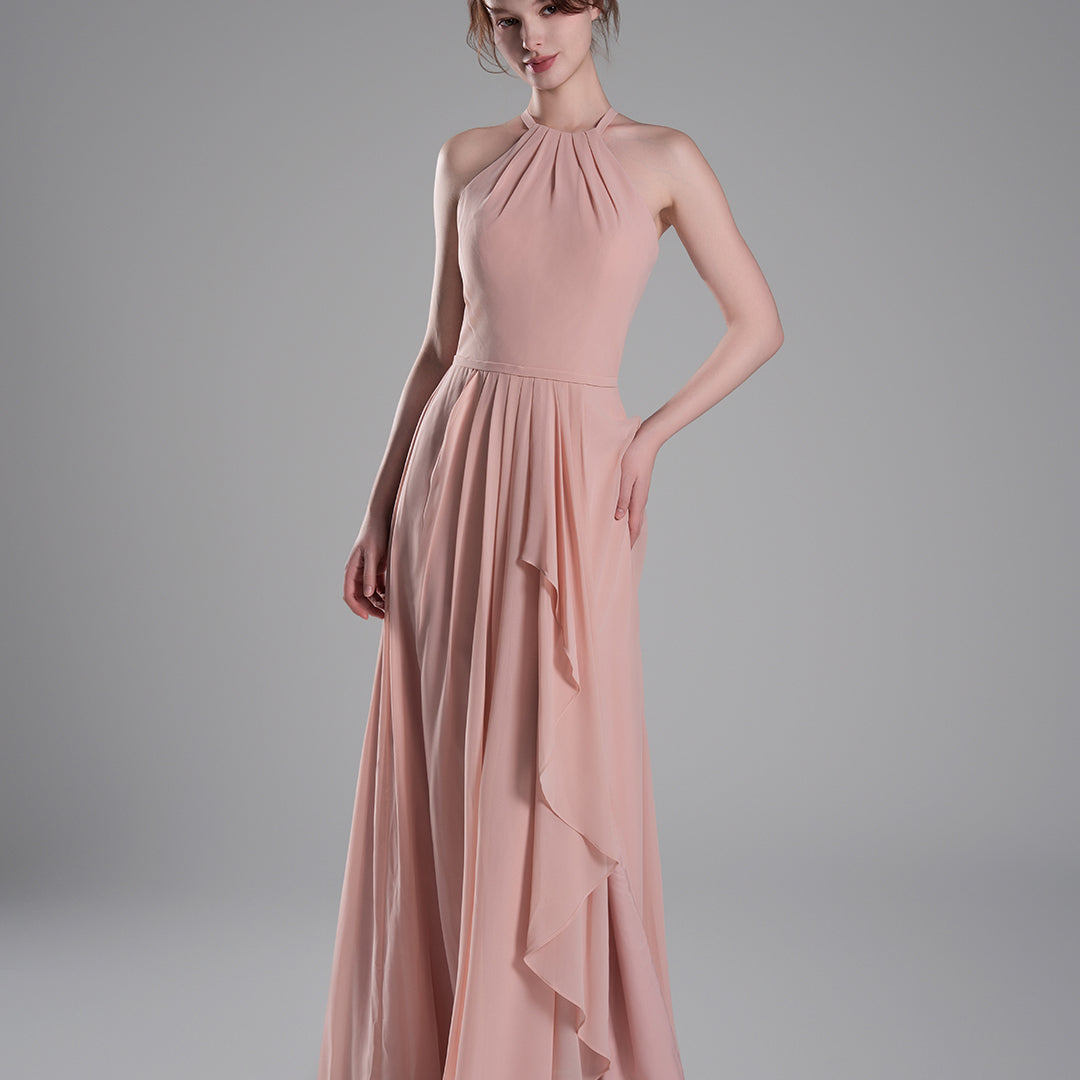 Halter Neckline Pleated Asymmetrical Ruffle Dresses