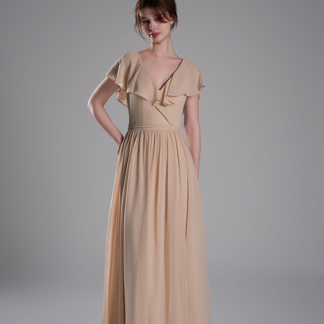Deep V-Neckline Flutter Sleeves Tie Detail Dresses