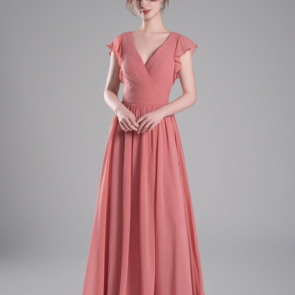 Flutter Sleeves Pleated Bodice Open Back Dresses