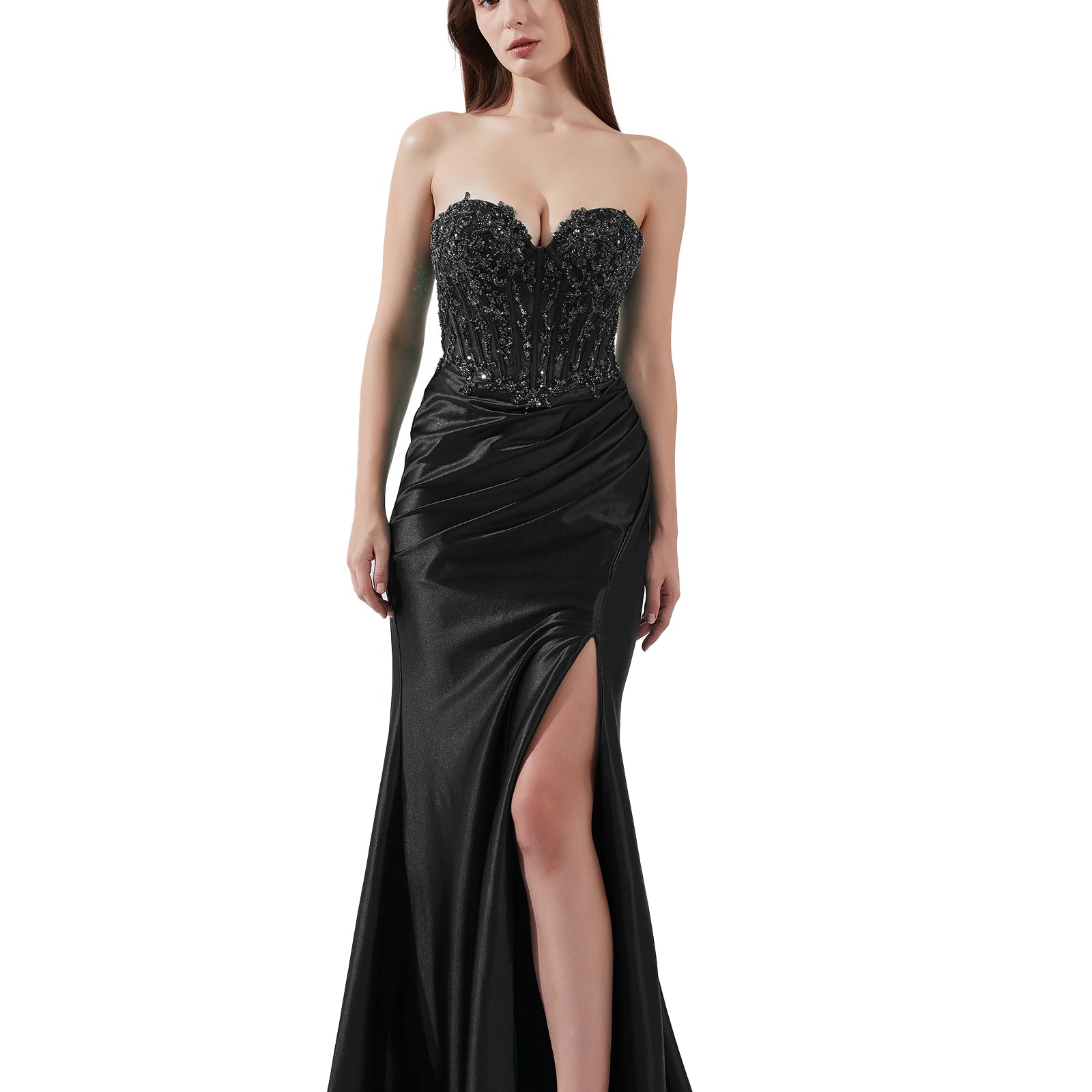 Sweetheart Collar High Split Sweep Train Satin Evening Dress
