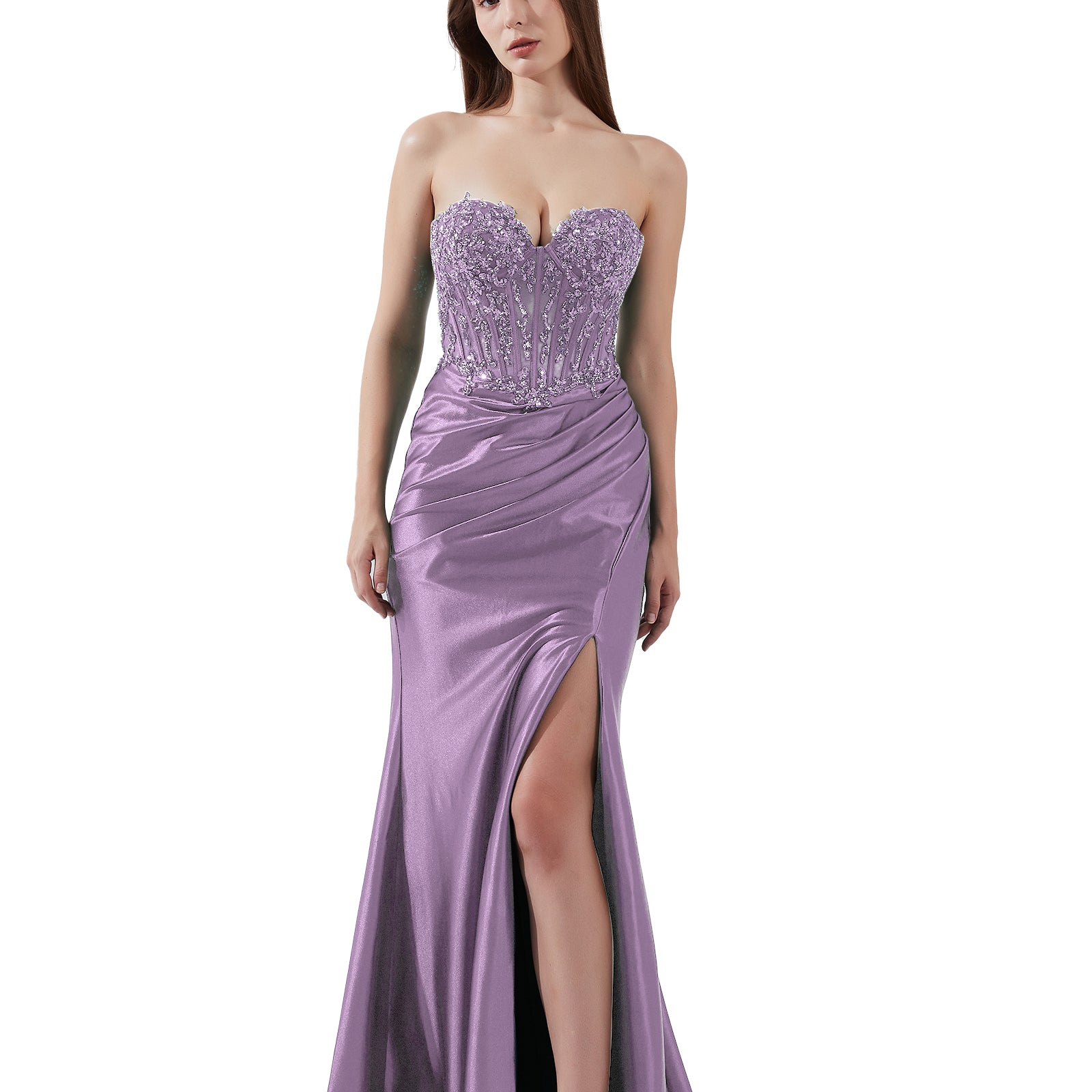 Sweetheart Collar High Split Sweep Train Satin Evening Dress