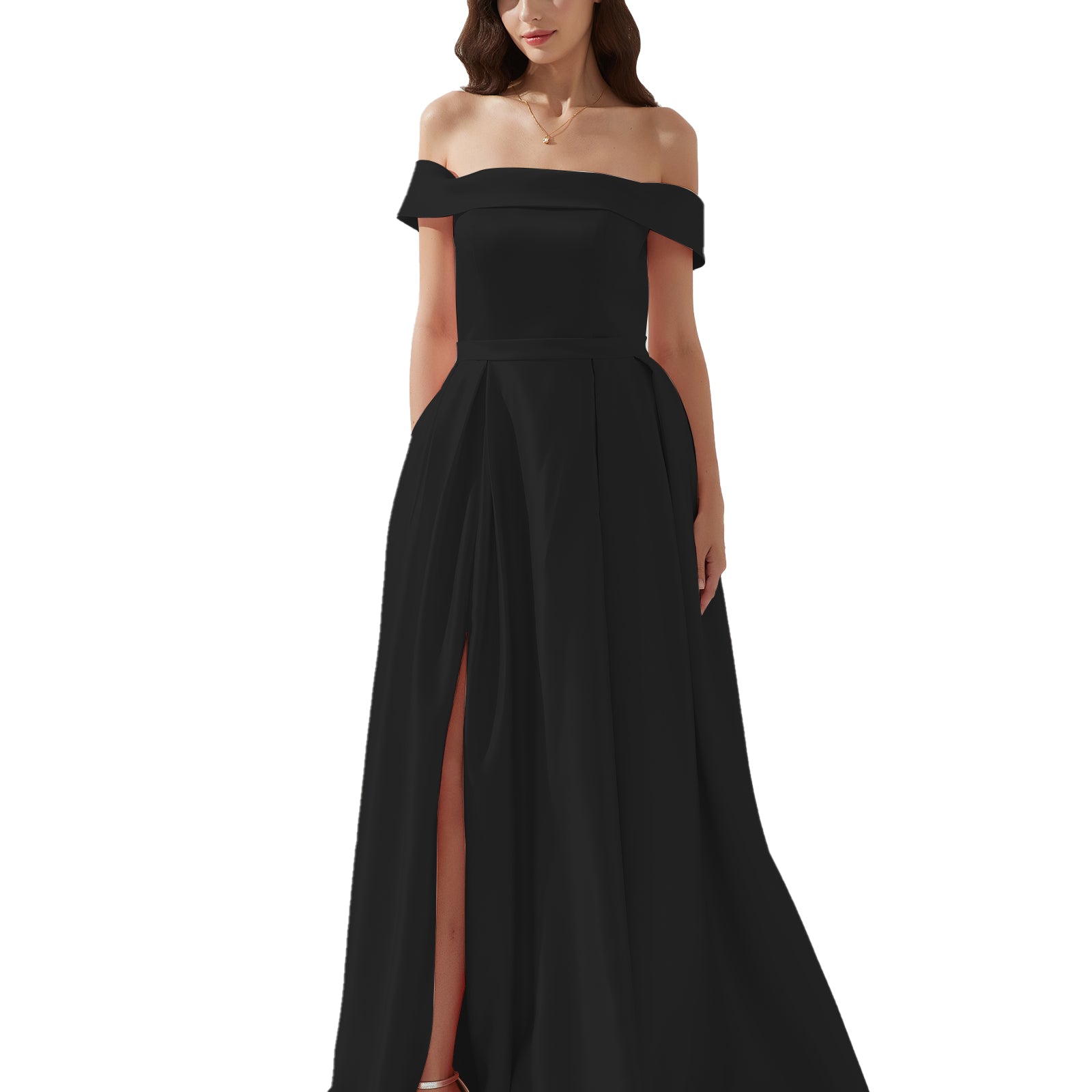Off-shoulder Back Zipper Floor-length Evening Dress with Pockets