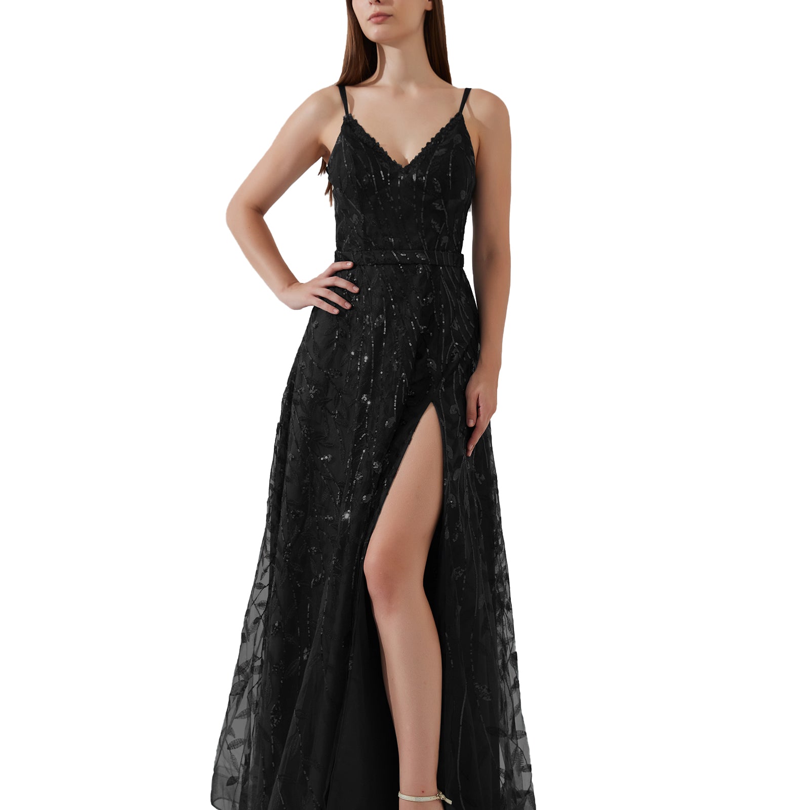 Double Spaghetti Straps V-neck Belt High Side Split Mesh Prom Dress