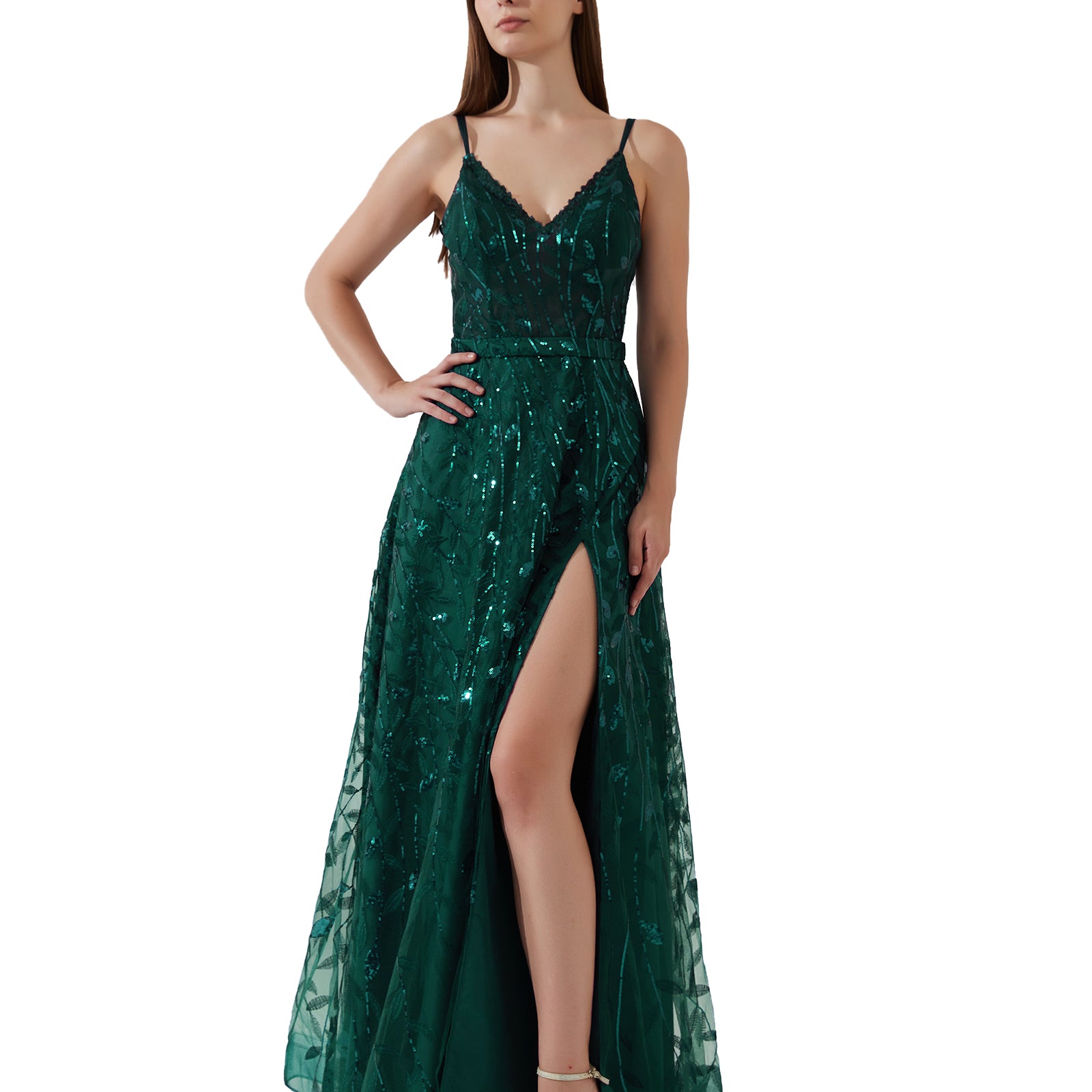 Double Spaghetti Straps V-neck Belt High Side Split Mesh Prom Dress