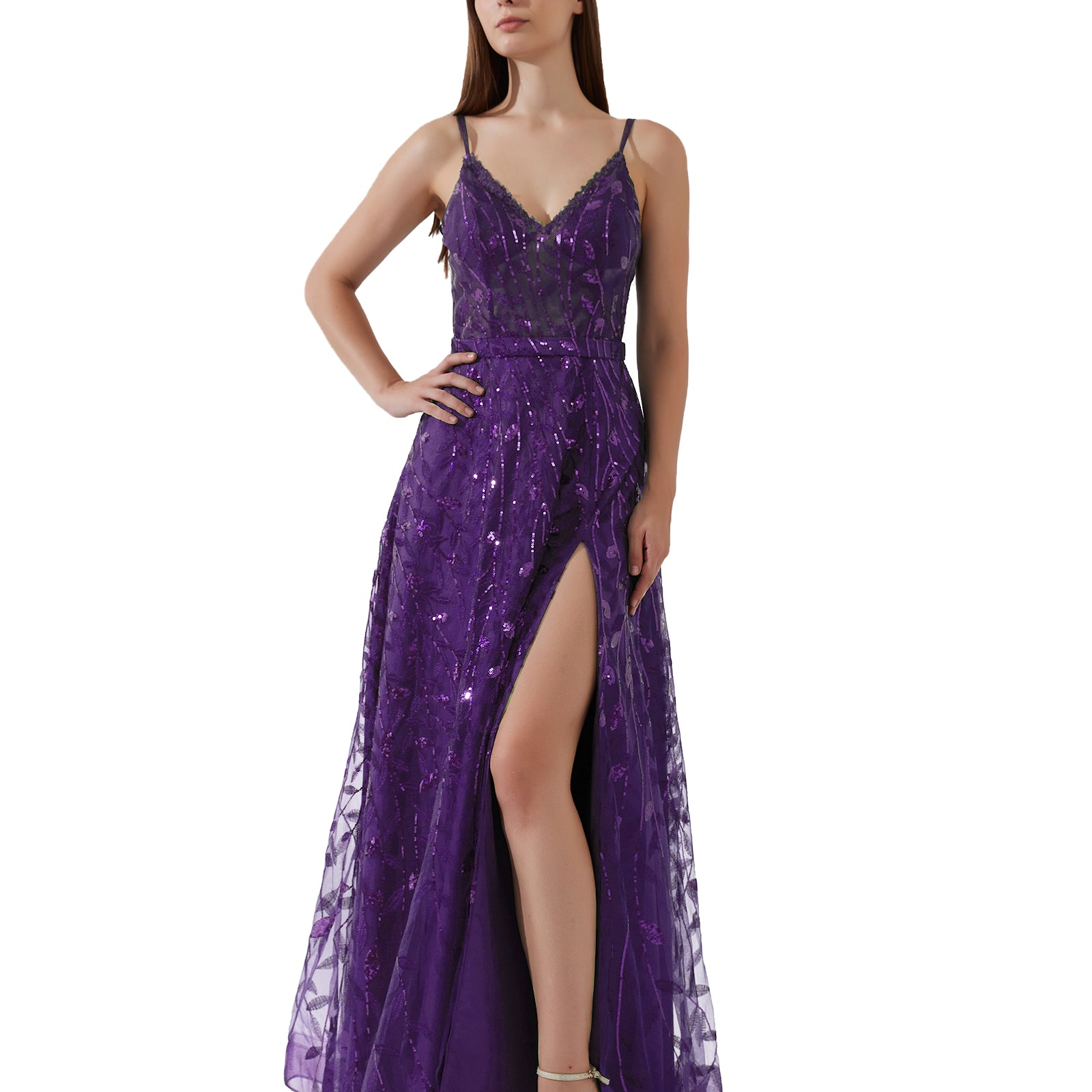 Double Spaghetti Straps V-neck Belt High Side Split Mesh Prom Dress
