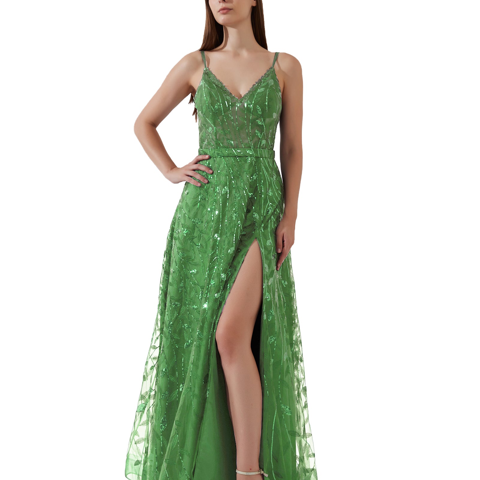 Double Spaghetti Straps V-neck Belt High Side Split Mesh Prom Dress