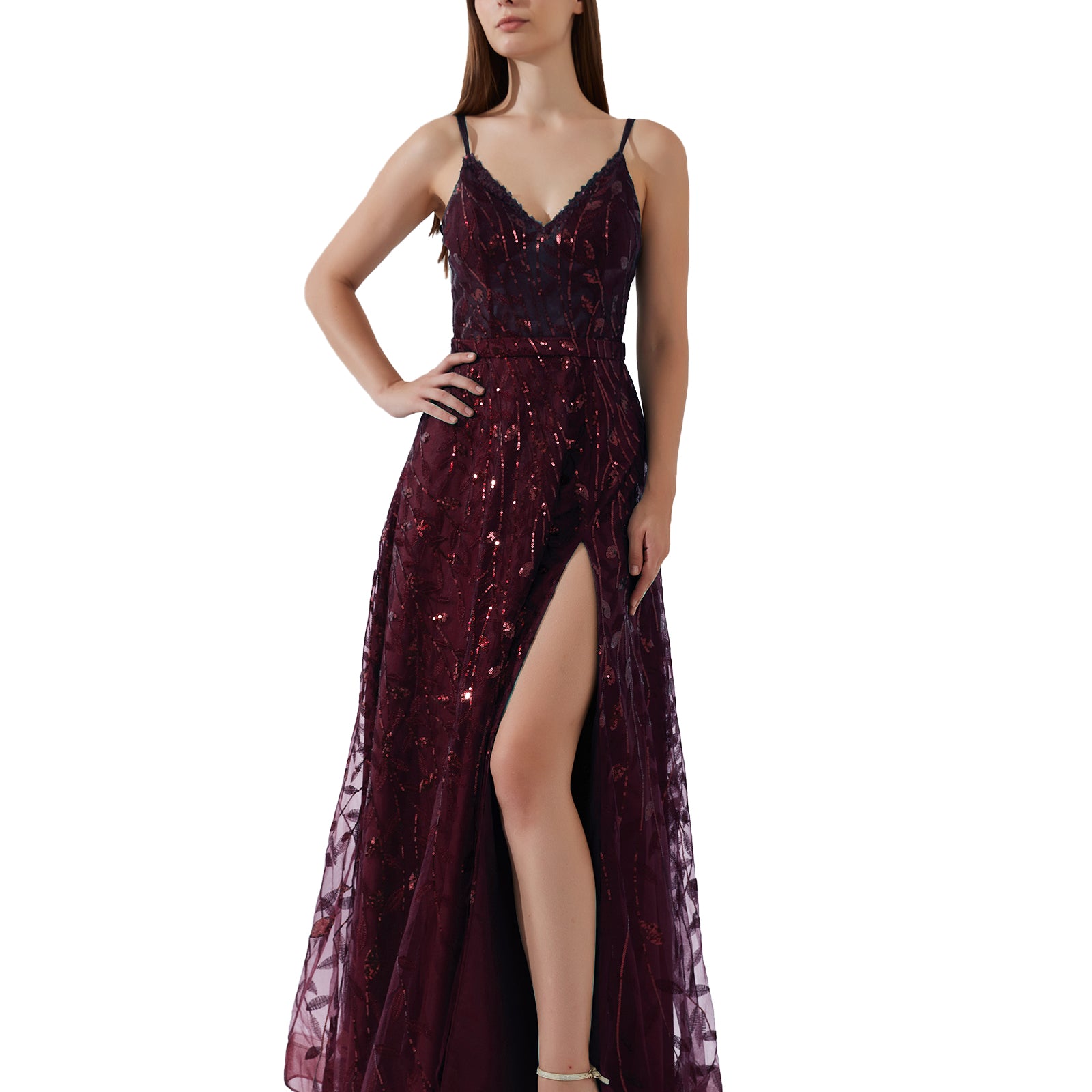 Double Spaghetti Straps V-neck Belt High Side Split Mesh Prom Dress