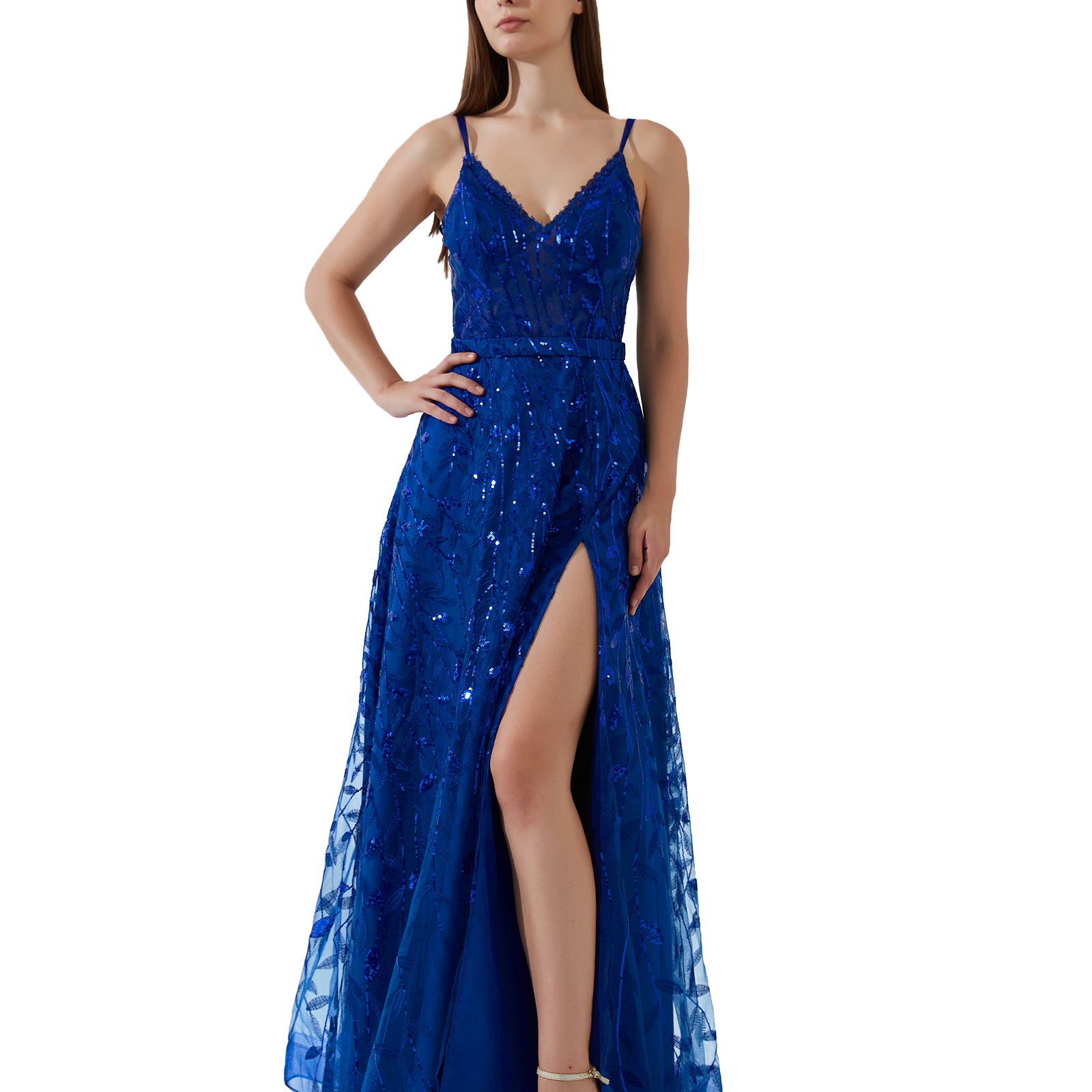 Double Spaghetti Straps V-neck Belt High Side Split Mesh Prom Dress