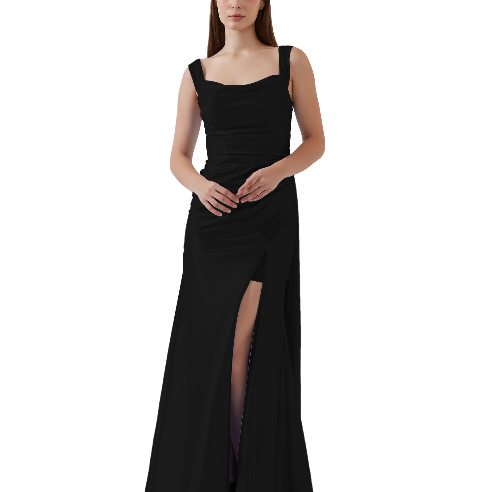 Sleeveless Pleated Satin High Split Sweep Train Bridesmaid Evening Dress