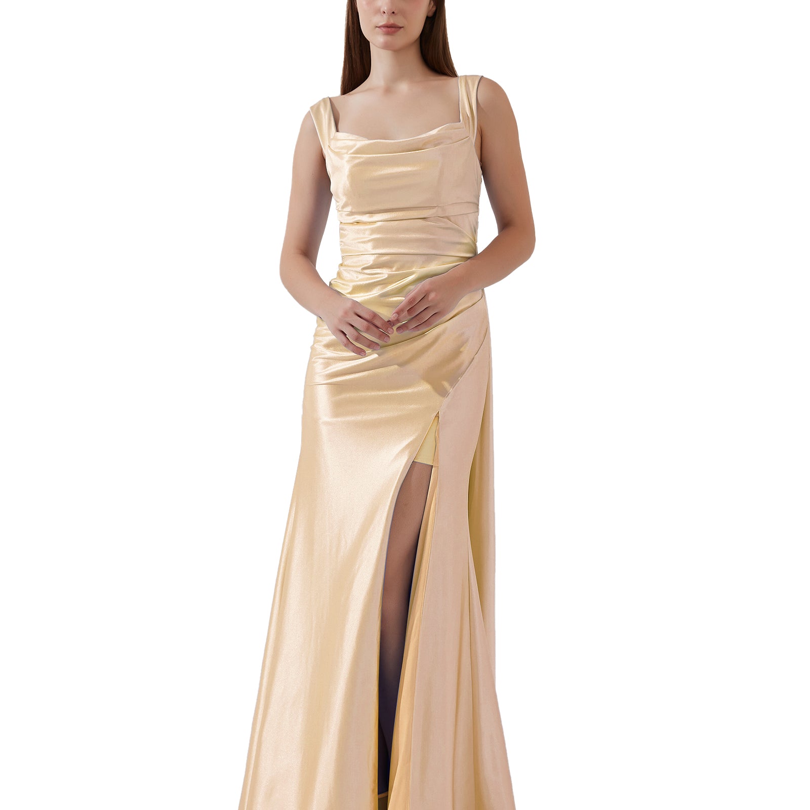 Sleeveless Pleated Satin High Split Sweep Train Bridesmaid Evening Dress