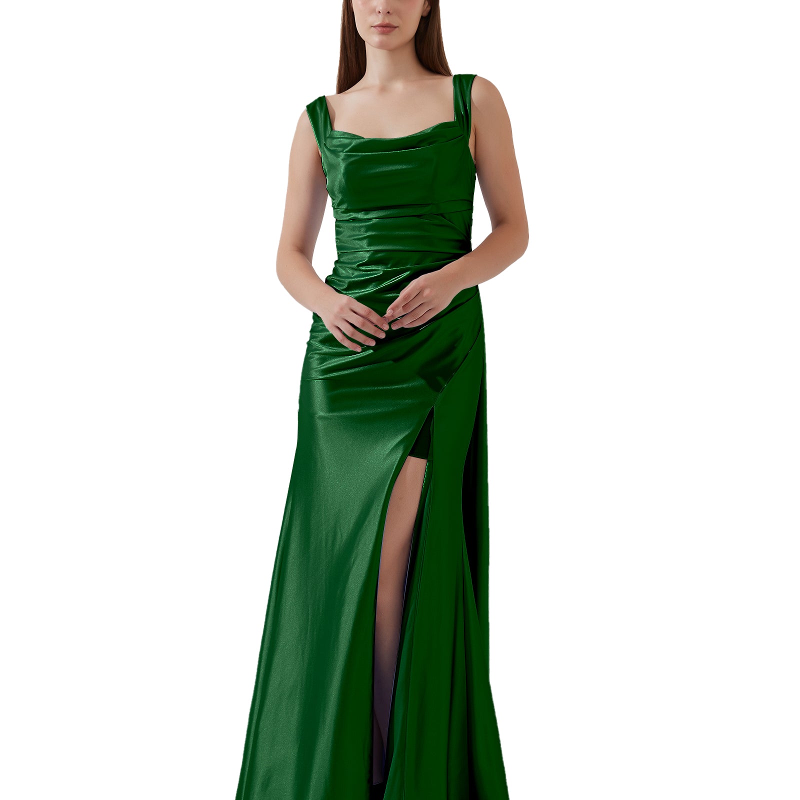 Sleeveless Pleated Satin High Split Sweep Train Bridesmaid Evening Dress