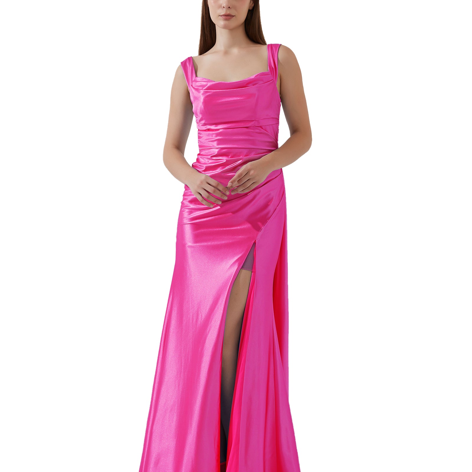 Sleeveless Pleated Satin High Split Sweep Train Bridesmaid Evening Dress