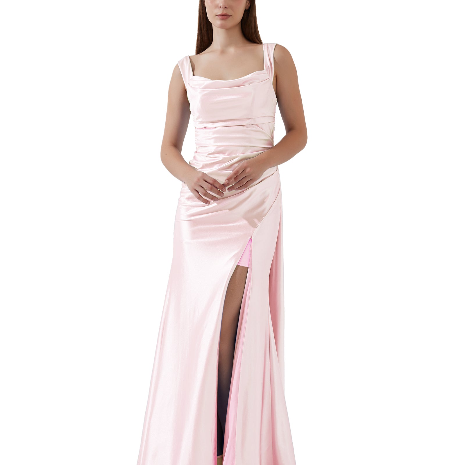 Sleeveless Pleated Satin High Split Sweep Train Bridesmaid Evening Dress