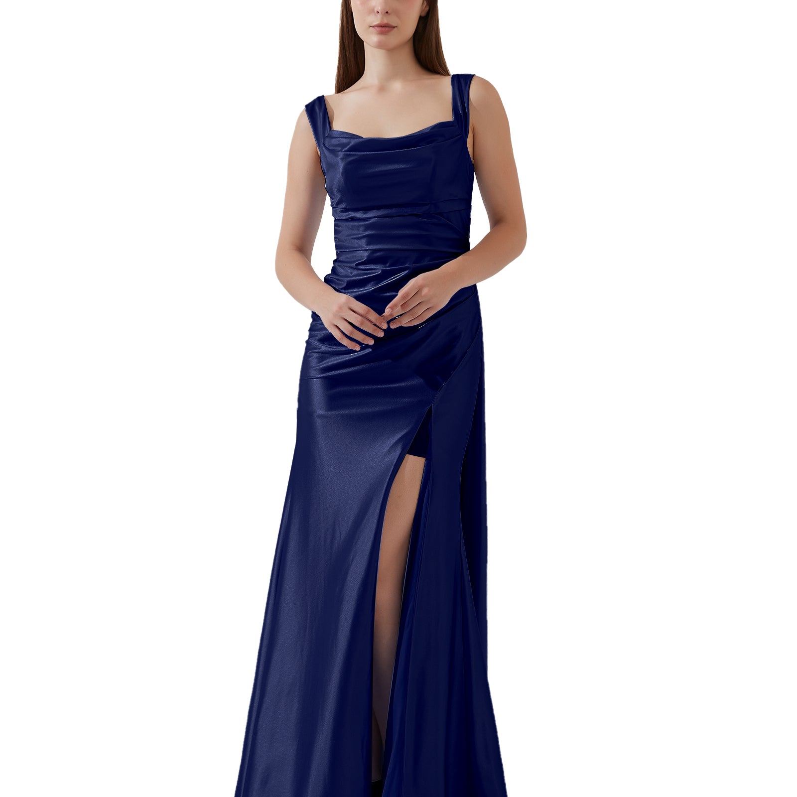 Sleeveless Pleated Satin High Split Sweep Train Bridesmaid Evening Dress