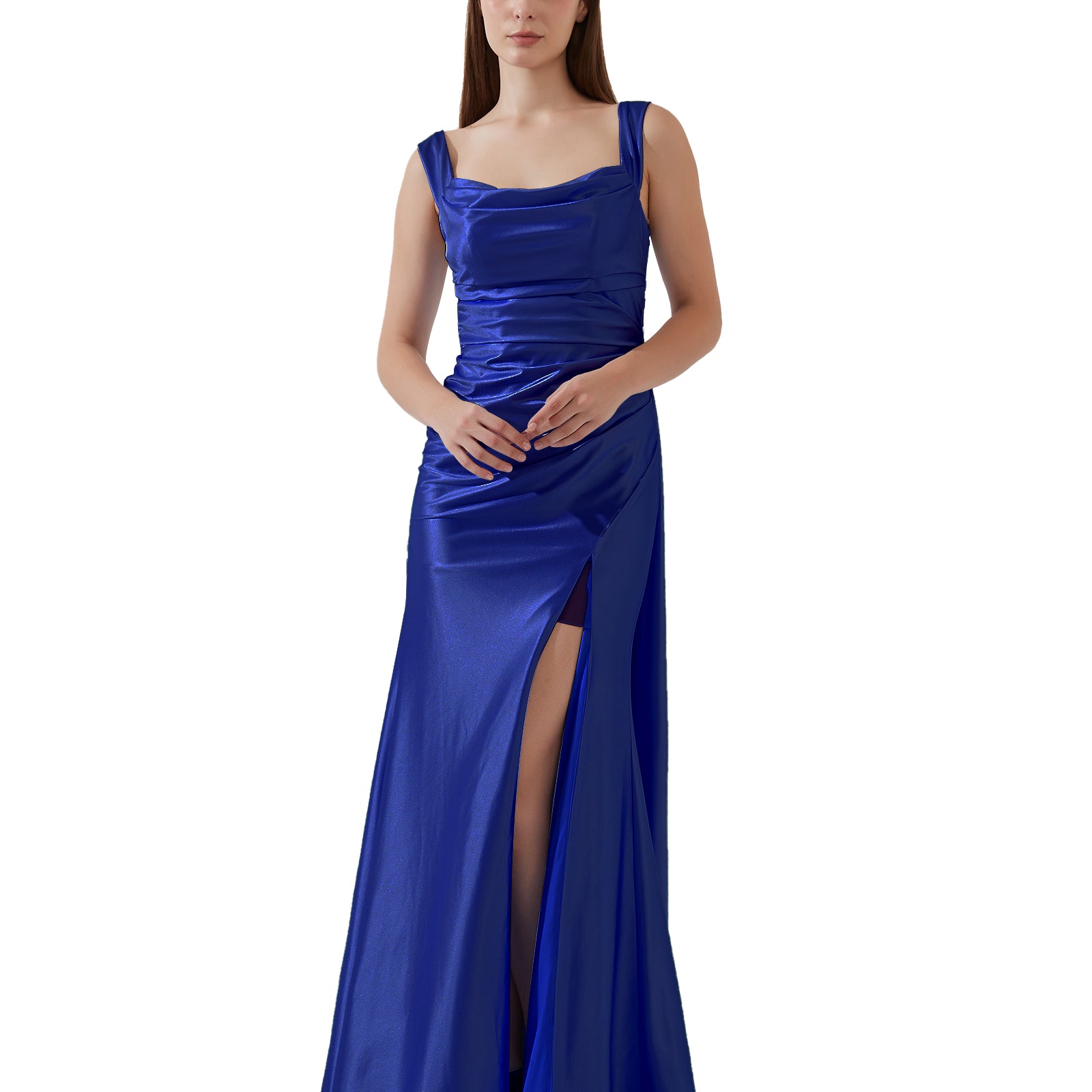 Sleeveless Pleated Satin High Split Sweep Train Bridesmaid Evening Dress
