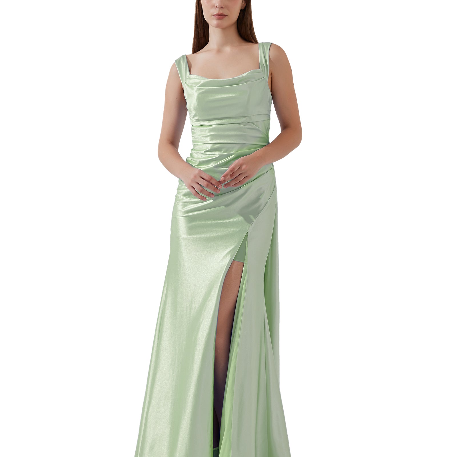 Sleeveless Pleated Satin High Split Sweep Train Bridesmaid Evening Dress