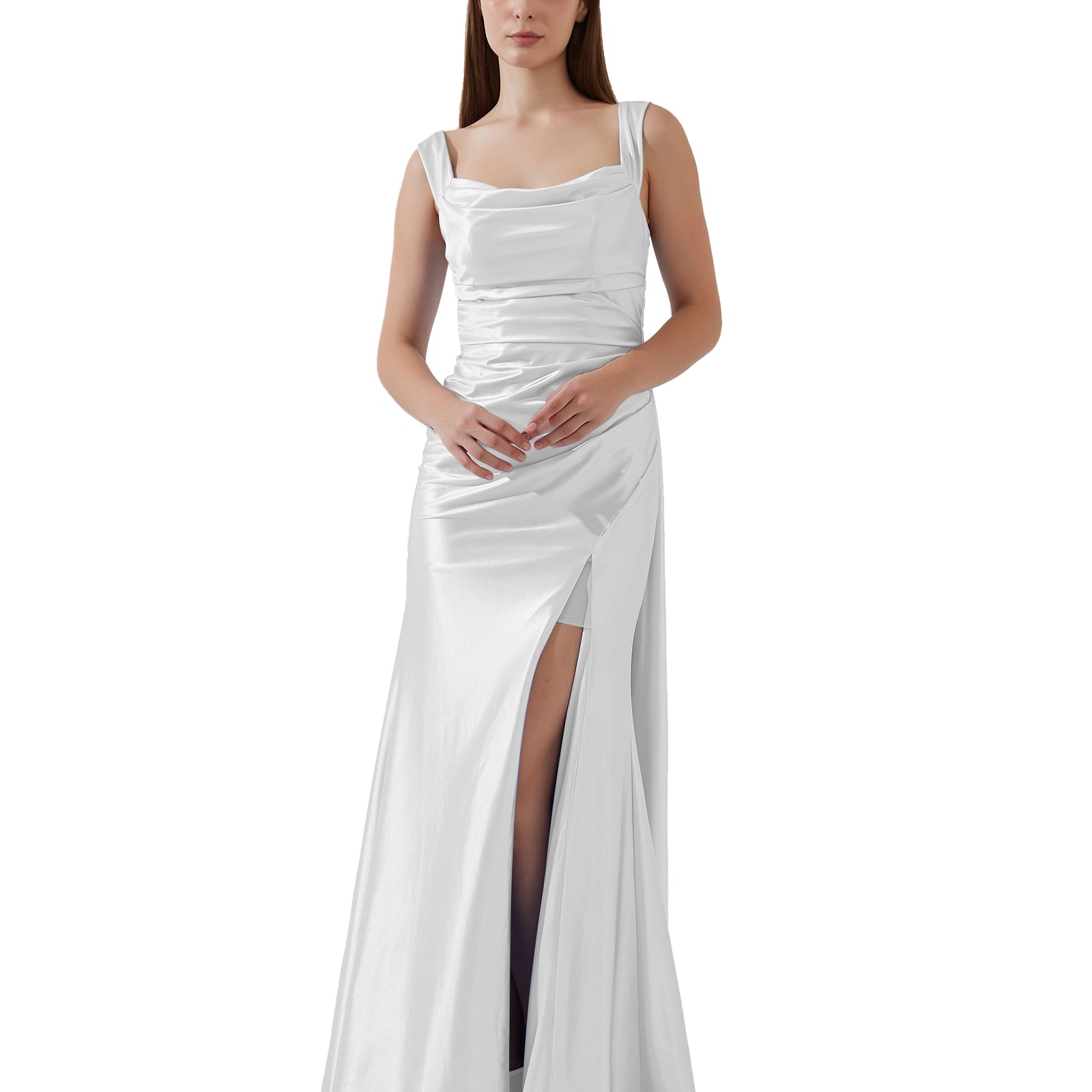 Sleeveless Pleated Satin High Split Sweep Train Bridesmaid Evening Dress
