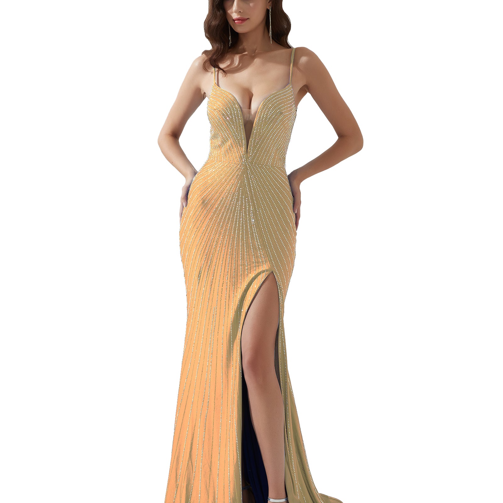 V-Neck Spaghetti Strap Shiny Beaded High Split Fishtail Evening Dress