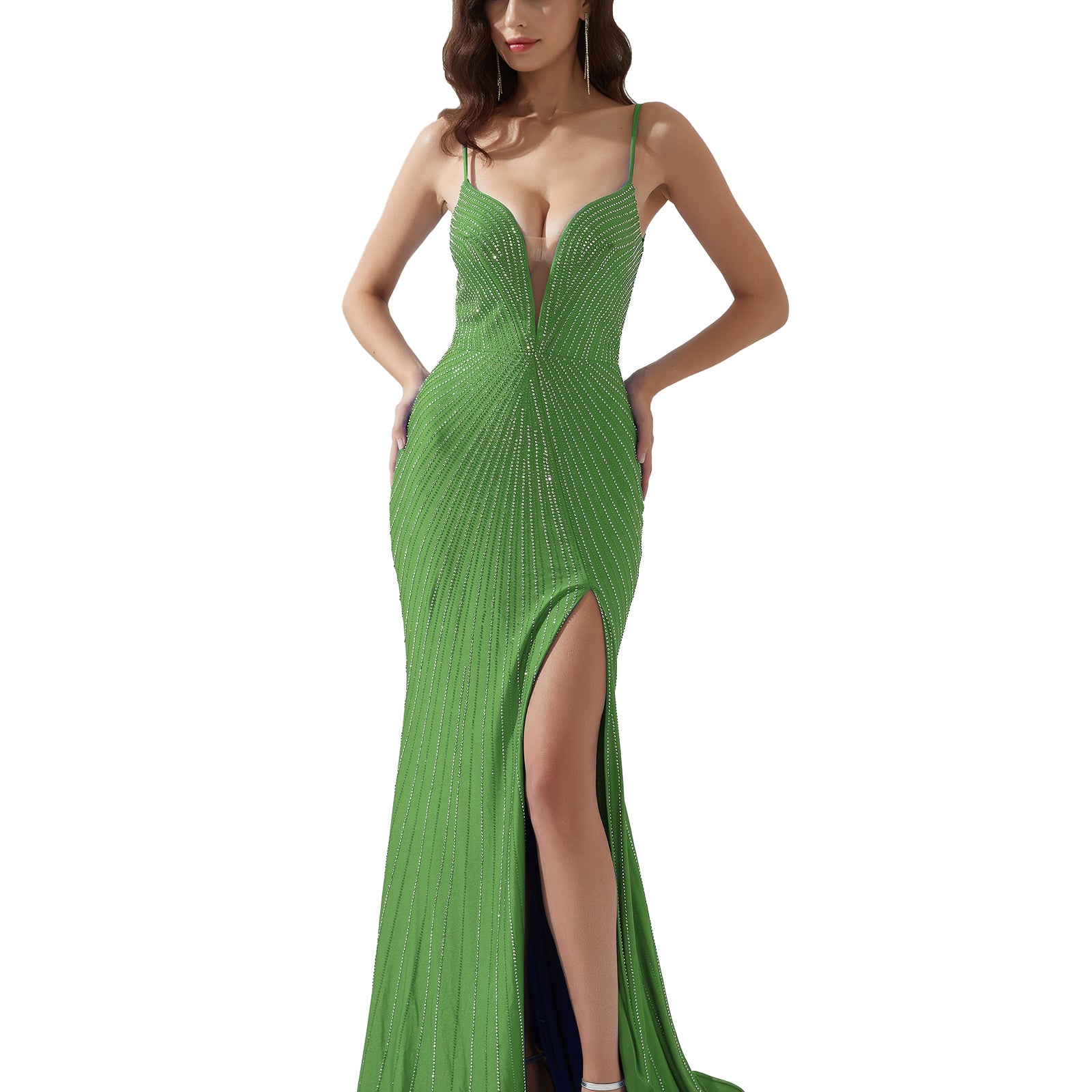 V-Neck Spaghetti Strap Shiny Beaded High Split Fishtail Evening Dress
