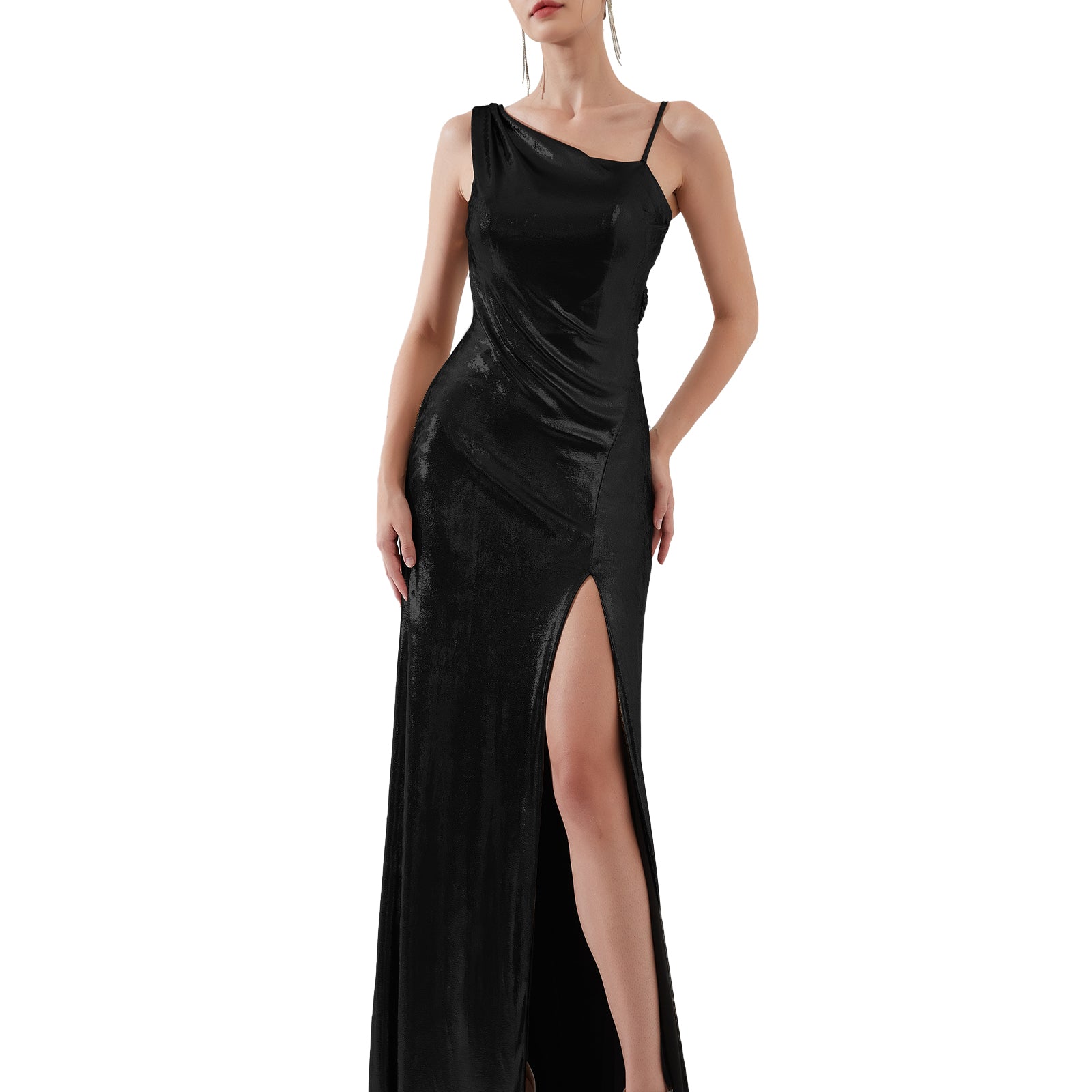Glossy Asymmetrical Shoulder Front Split Evening Dress