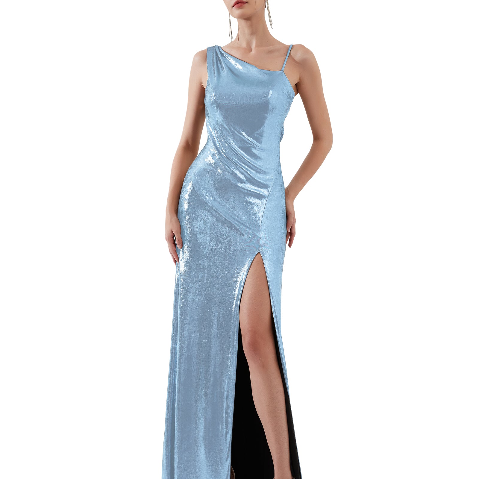 Glossy Asymmetrical Shoulder Front Split Evening Dress