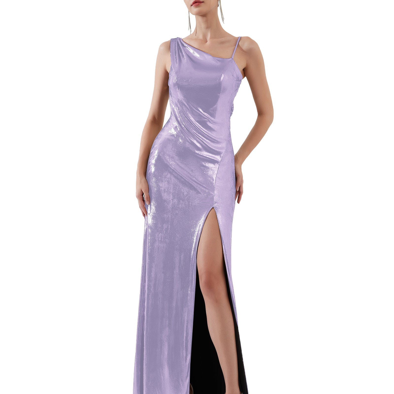 Glossy Asymmetrical Shoulder Front Split Evening Dress