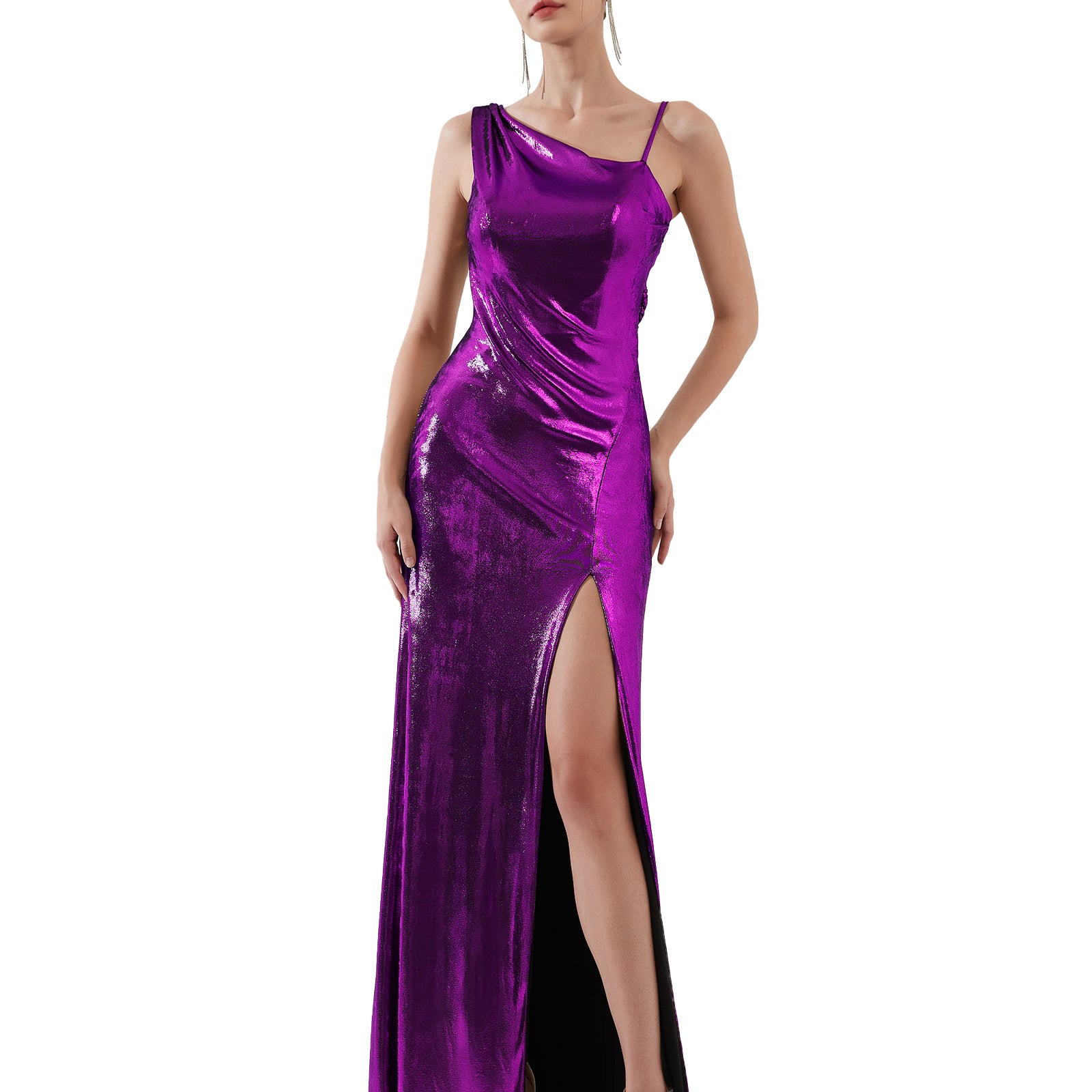 Glossy Asymmetrical Shoulder Front Split Evening Dress