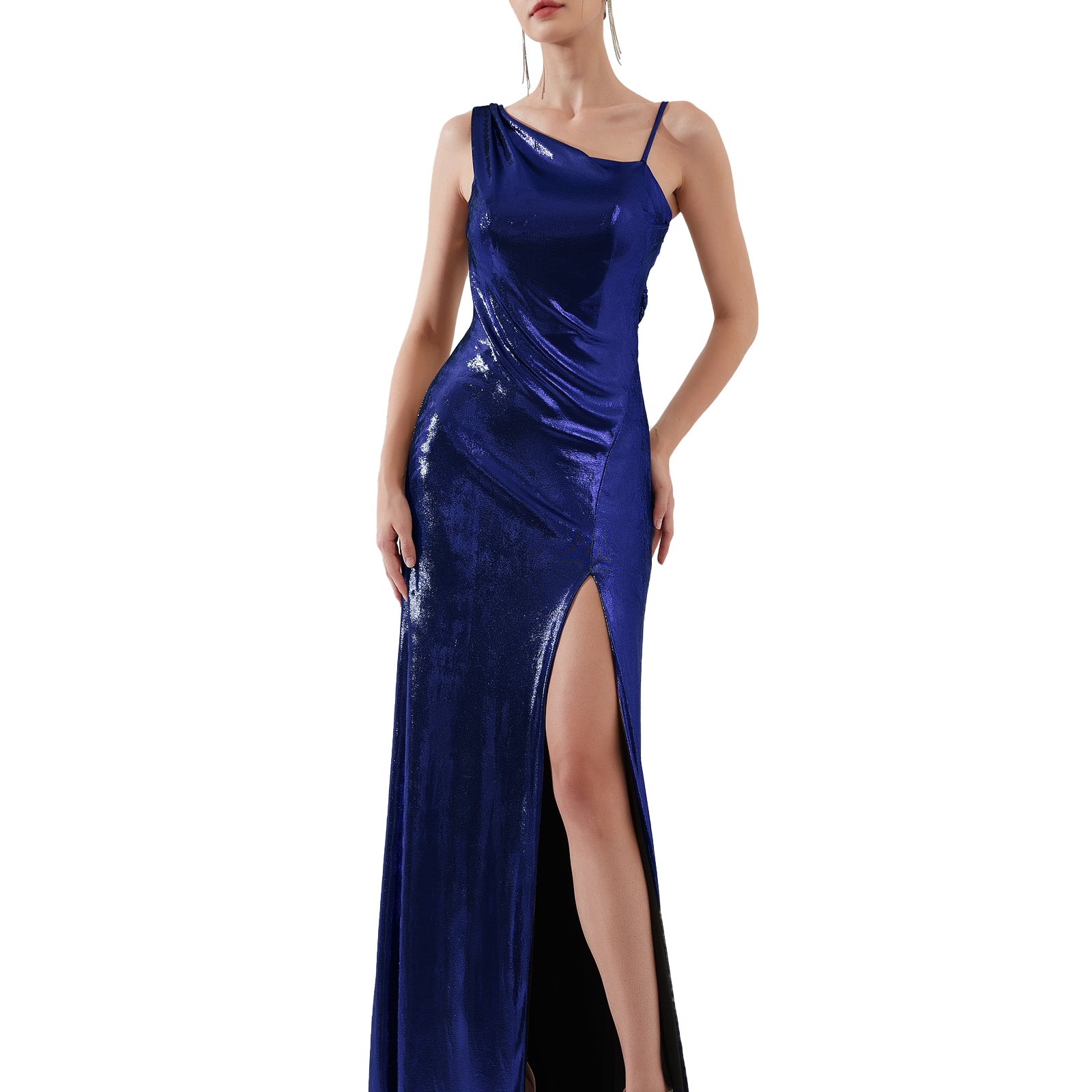 Glossy Asymmetrical Shoulder Front Split Evening Dress