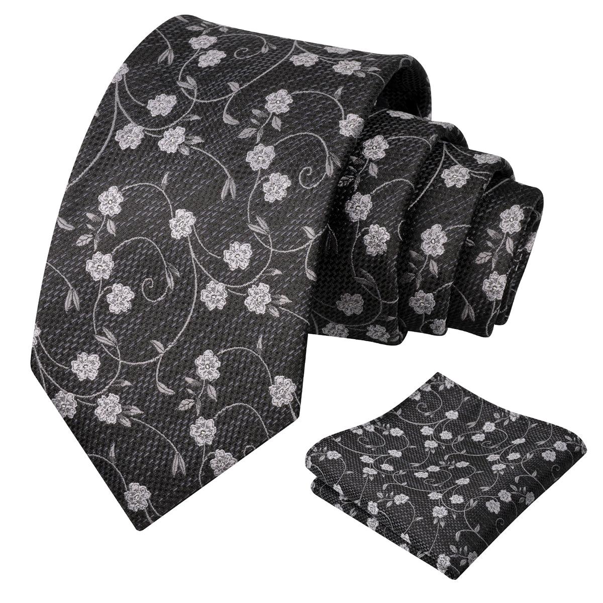 Mens Floral Tie Set 3.15 Inch with Textured Vine Pattern and Pocket Square-931