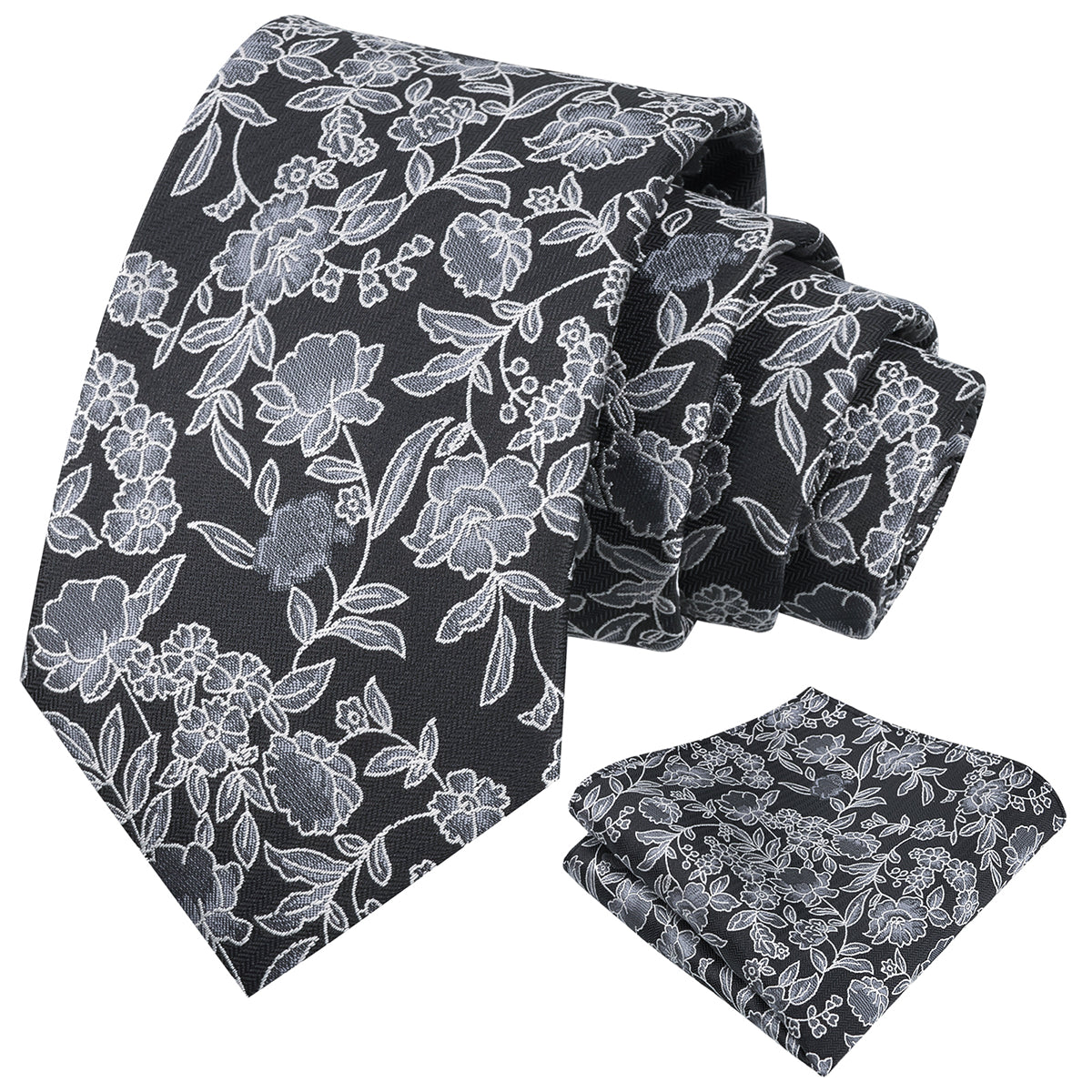 Mens 3.15" Retro Elegant Ink and Wash Floral Necktie with Pocket Square for Wedding-956