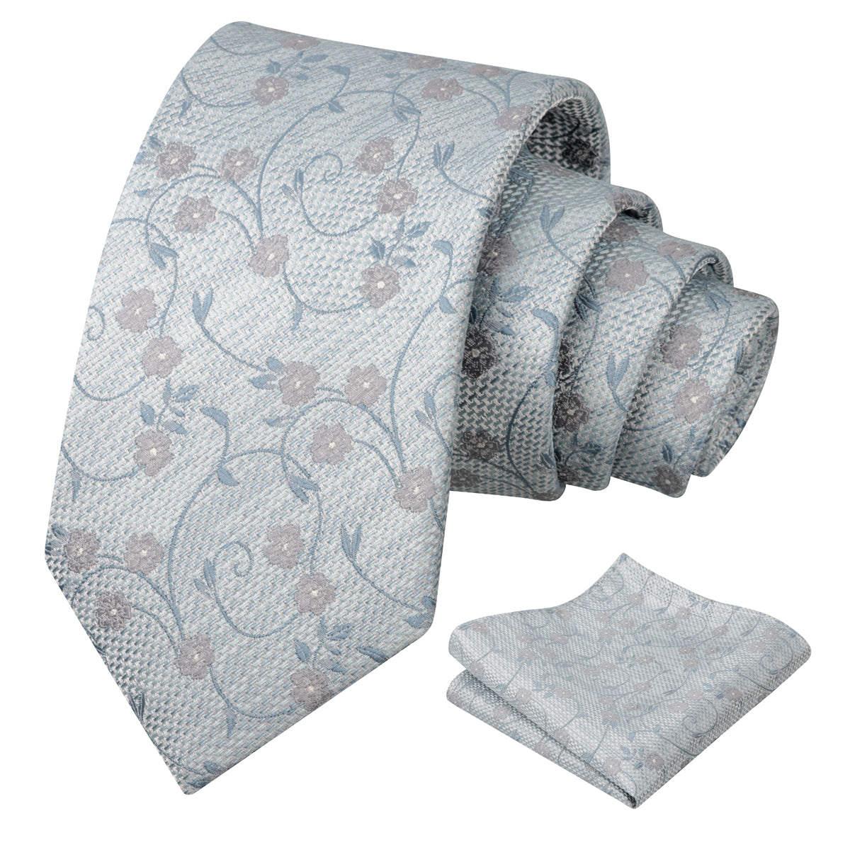 Mens Floral Tie Set 3.15 Inch with Textured Vine Pattern and Pocket Square-931