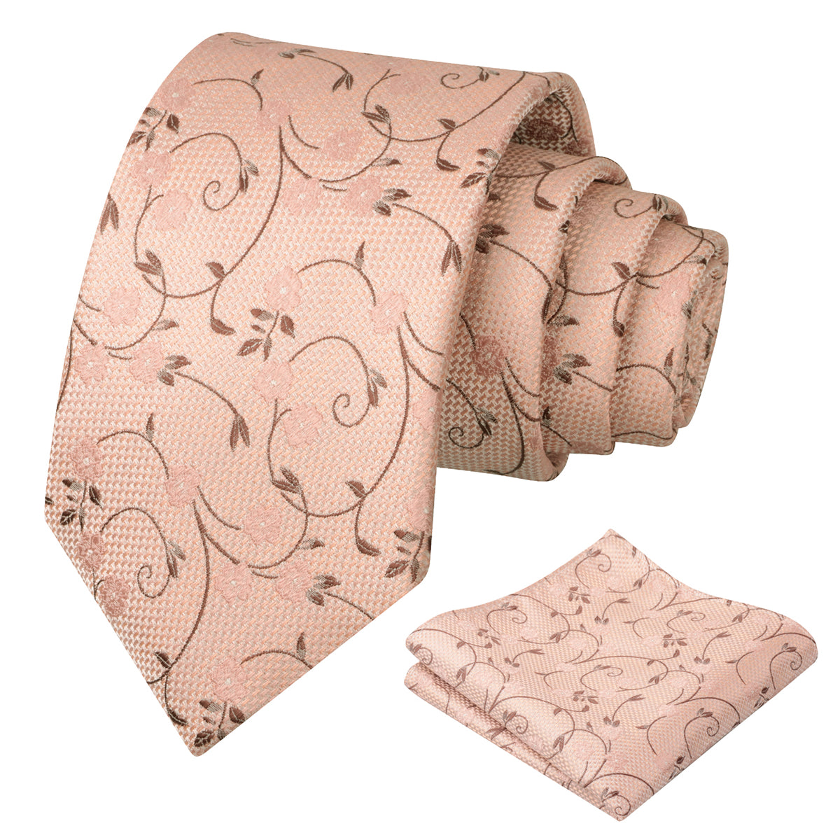 Mens Floral Tie Set 3.15 Inch with Textured Vine Pattern and Pocket Square-931