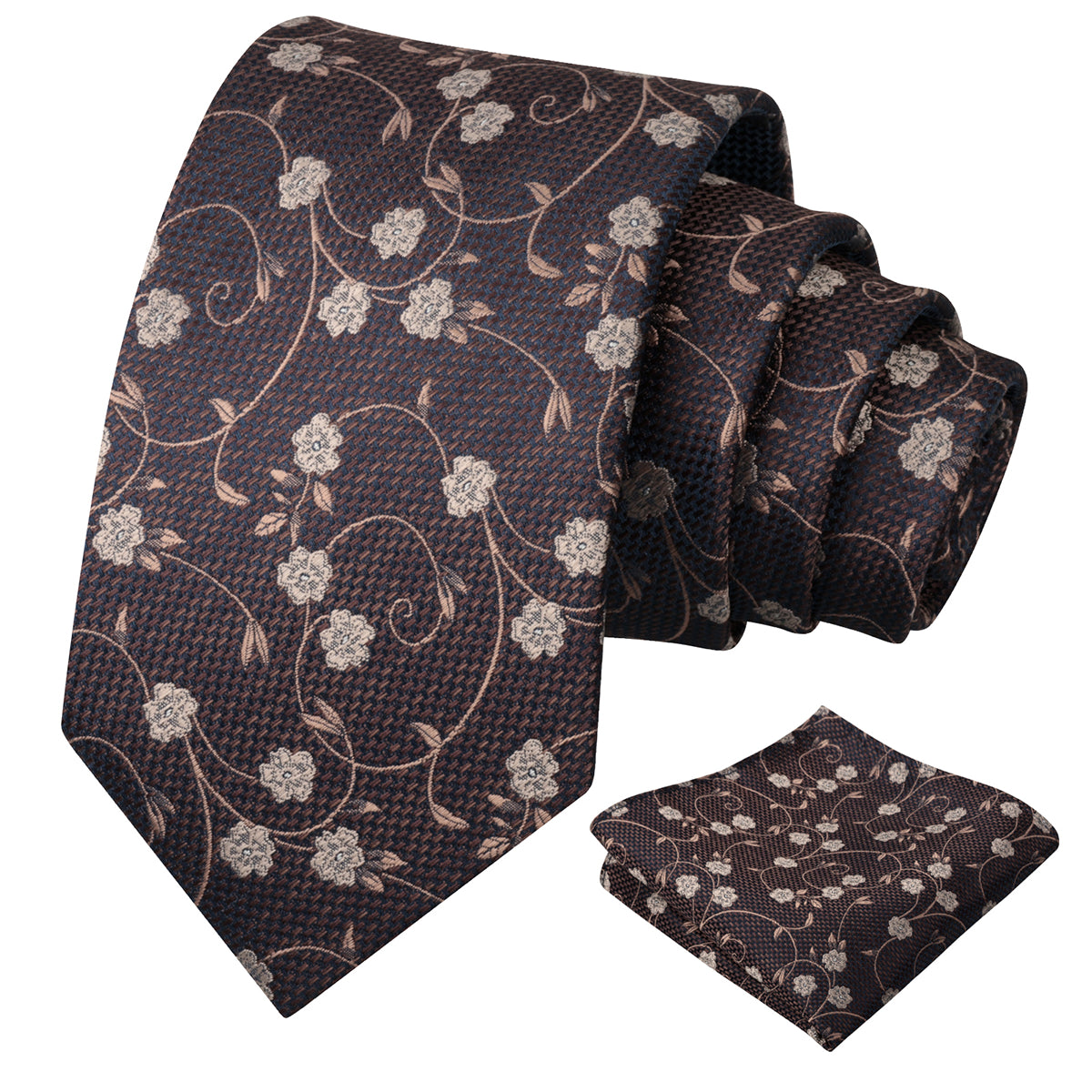Mens Floral Tie Set 3.15 Inch with Textured Vine Pattern and Pocket Square-931