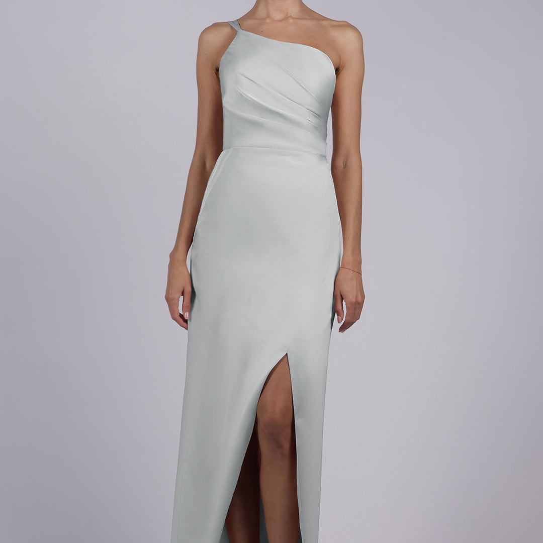 One Shoulder Spaghetti Straps Front Split Pleated Sheath Maxi Dress