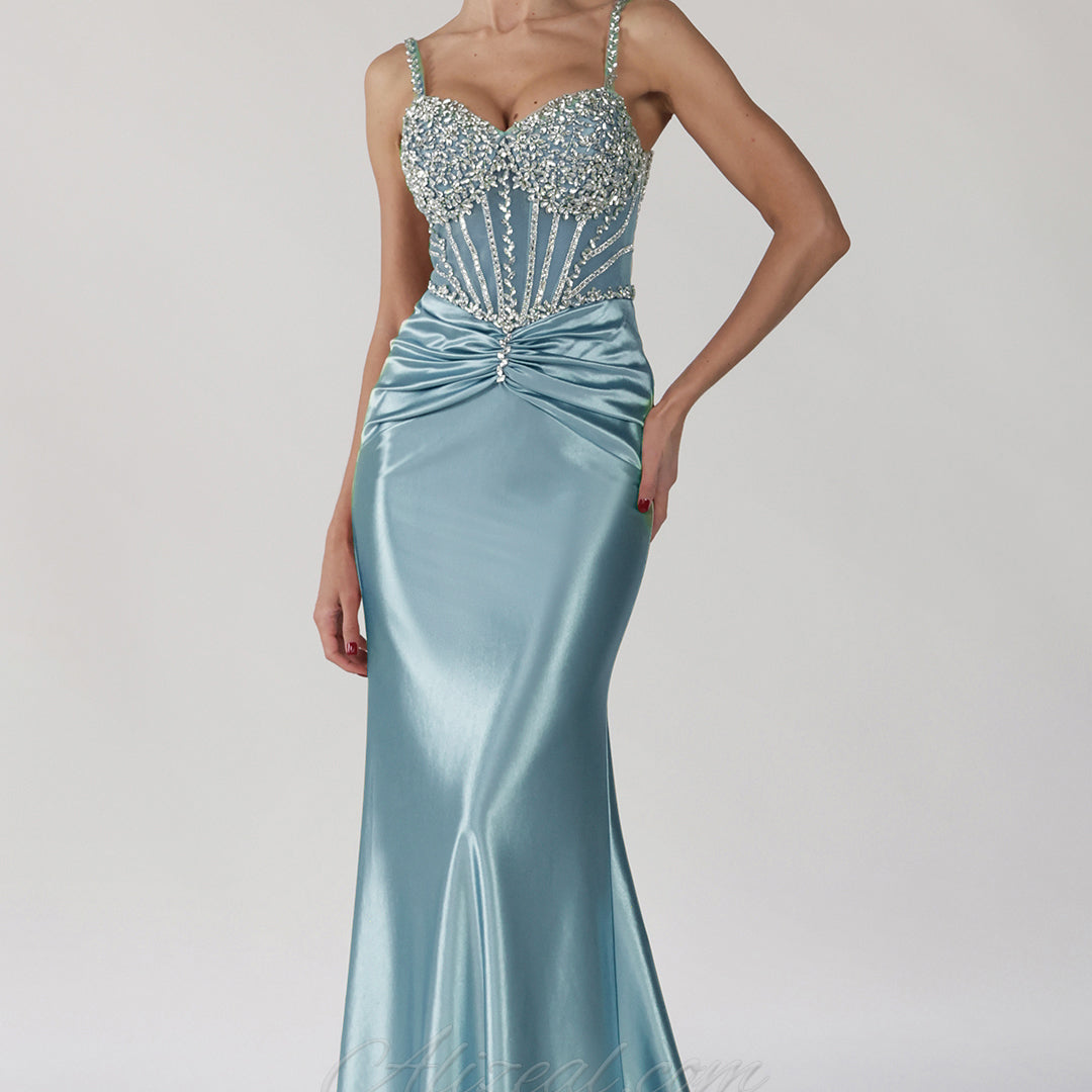 Beaded Sheer Corset Ruched Mermaid Dress