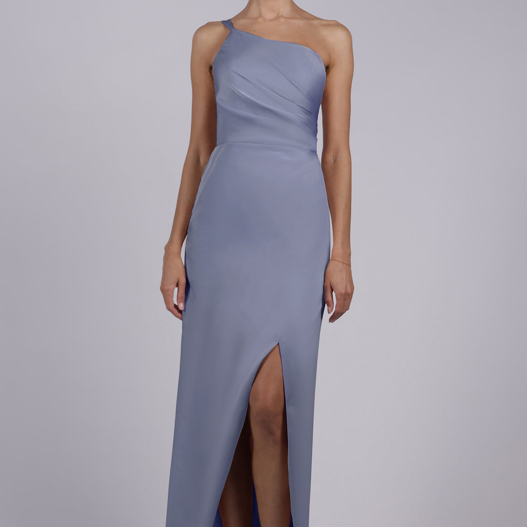 One Shoulder Spaghetti Straps Front Split Pleated Sheath Maxi Dress