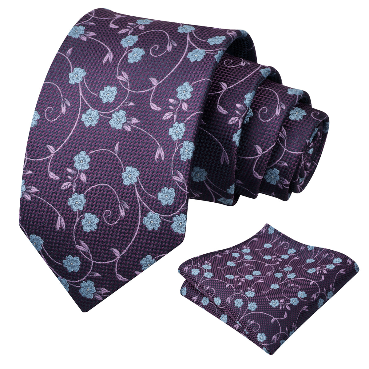 Mens Floral Tie Set 3.15 Inch with Textured Vine Pattern and Pocket Square-931