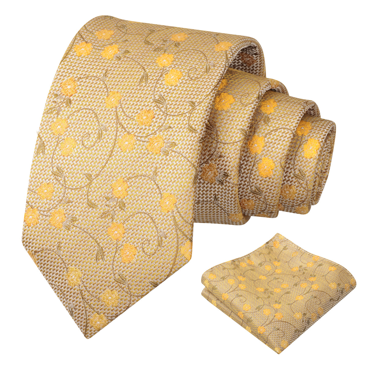 Mens Floral Tie Set 3.15 Inch with Textured Vine Pattern and Pocket Square-931