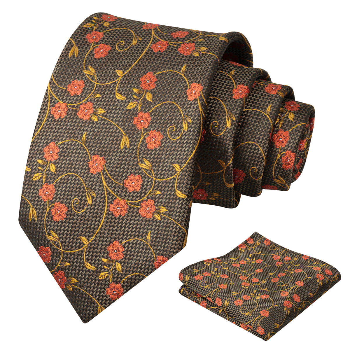 Mens Floral Tie Set 3.15 Inch with Textured Vine Pattern and Pocket Square-931