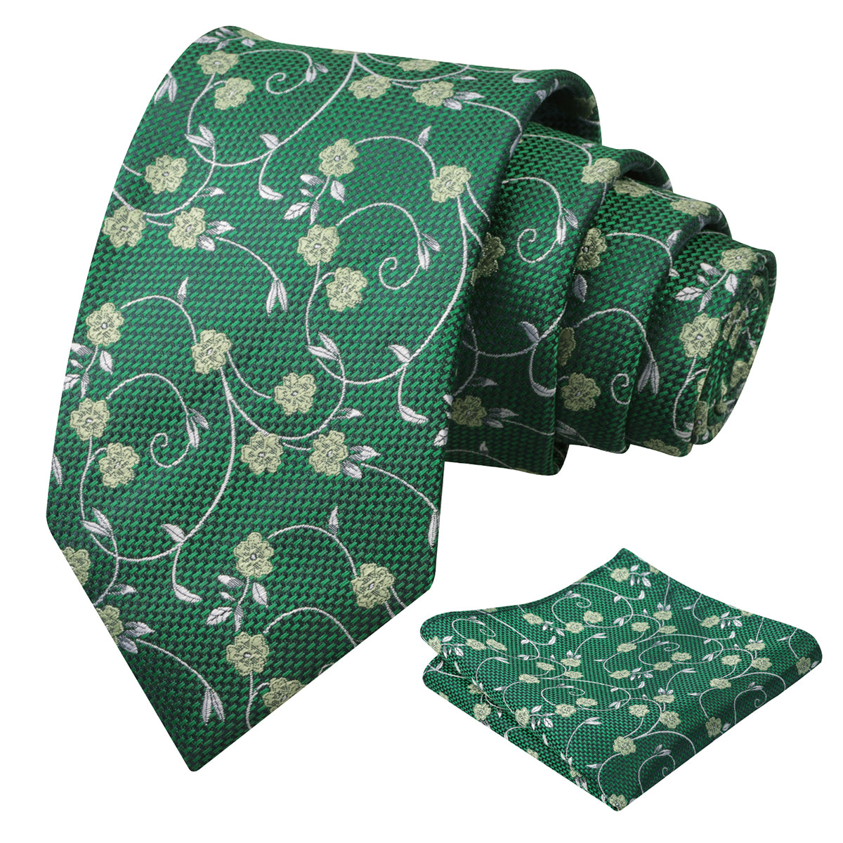 Mens Floral Tie Set 3.15 Inch with Textured Vine Pattern and Pocket Square-931