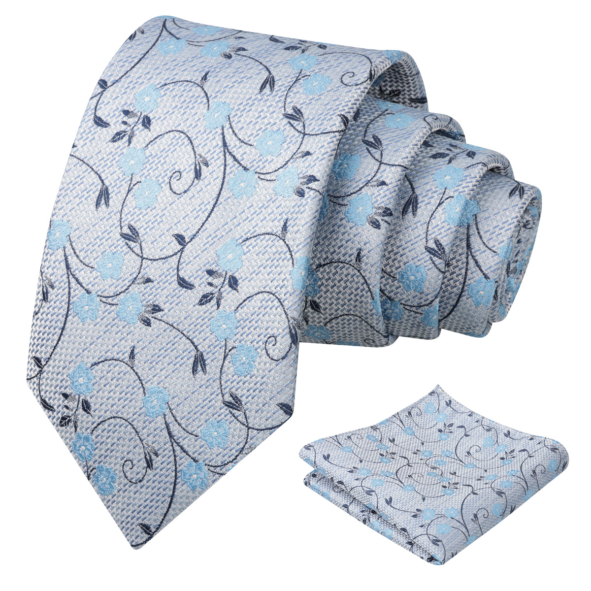 Mens Floral Tie Set 3.15 Inch with Textured Vine Pattern and Pocket Square-931