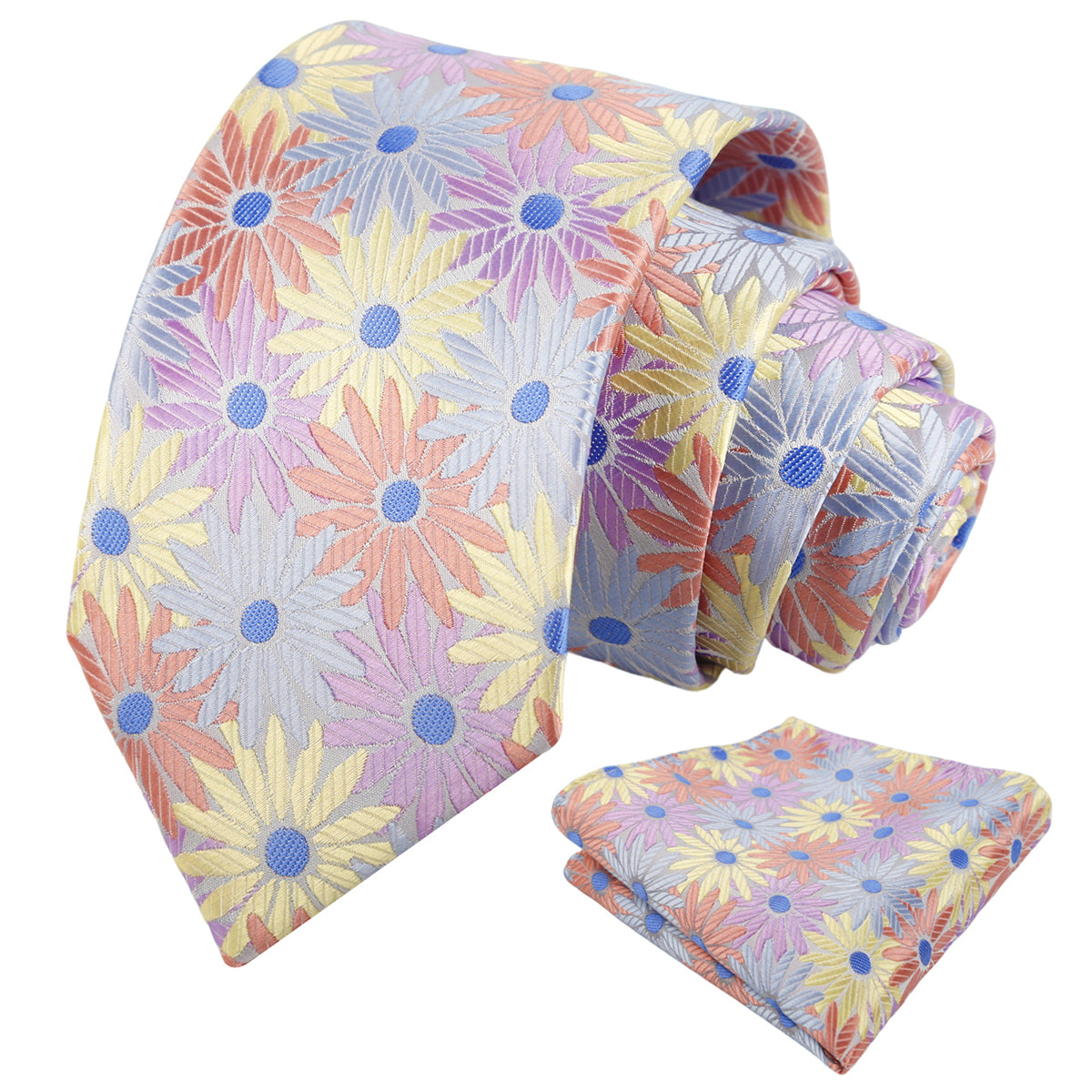 Mens 3.15'' Colorful Flower Necktie and Pocket Square Set Wedding Casual Rustic Tie and Hanky Set-941