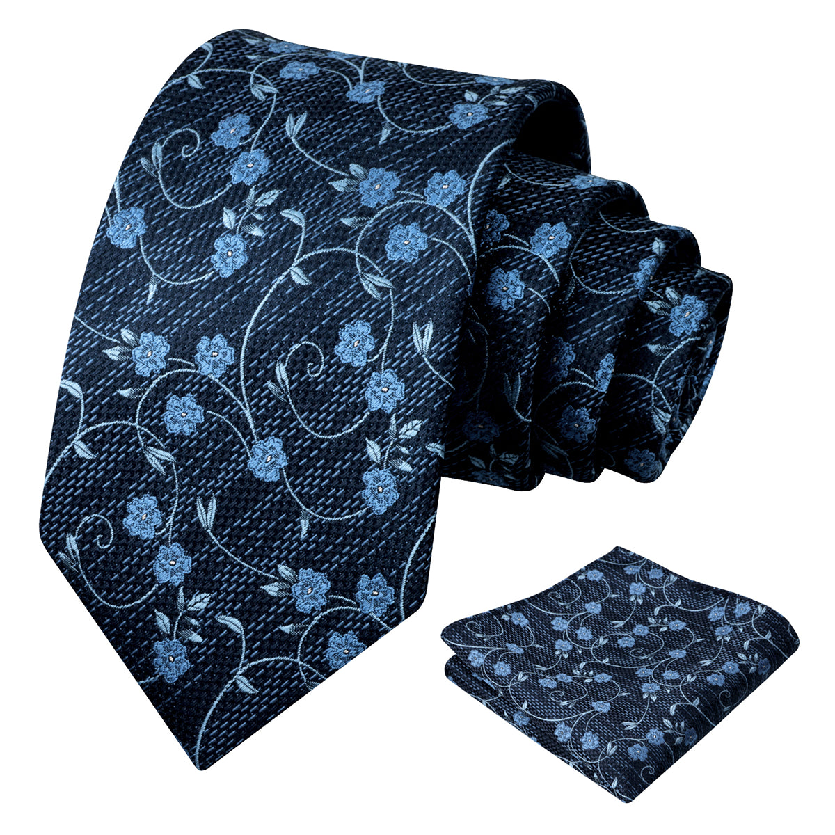 Mens Floral Tie Set 3.15 Inch with Textured Vine Pattern and Pocket Square-931